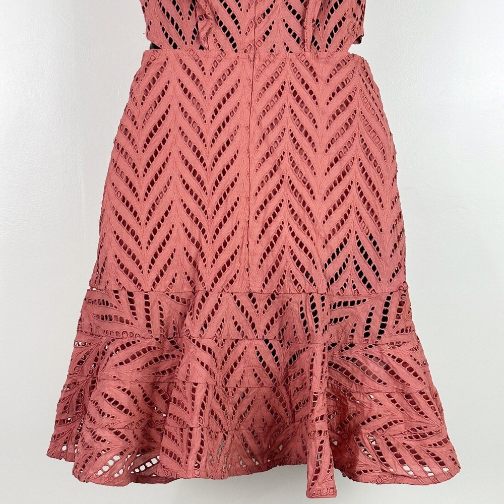 Revolve Bardot Aria Eyelet Cutout Short Dress Ruffle Moroccan Rose US S Uk10 - Picture 11 of 16